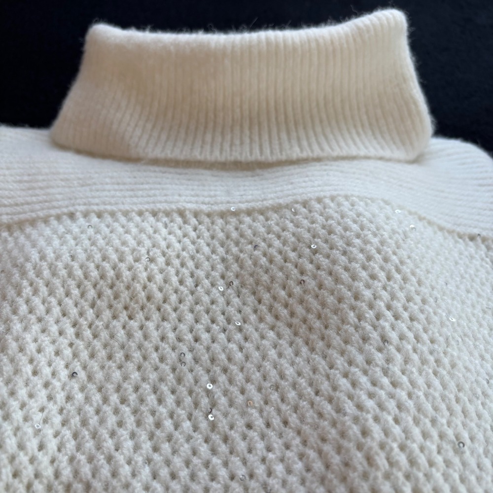 Rachel Zoe Sweater XL Winter White Luxe Chunky Sequin Turtleneck Cozy Sparkle - Picture 10 of 11